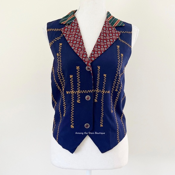 Extremely Rare 90s Vintage Mixed Print Navy Vest ASO Phoebe Buffay in Friends - Picture 7 of 13